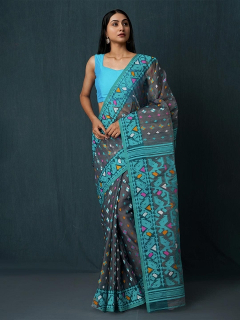 

Unnati Silks Grey & Blue Woven Design Pure Cotton Jamdani Saree