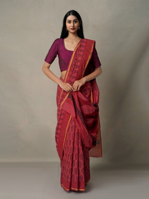 

Unnati Silks Maroon & Black Ethnic Motifs Chanderi Saree