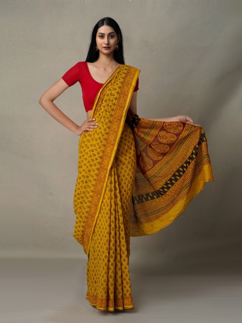 

Unnati Silks Yellow & Brown Ethnic Motifs Chanderi Saree