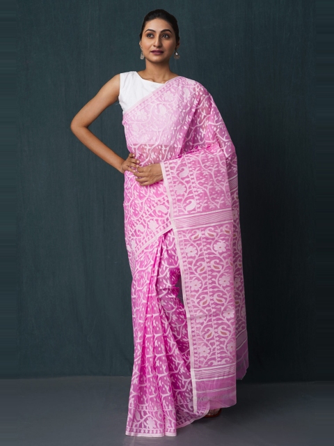 

Unnati Silks Pink & White Woven Design Silk Cotton Jamdani Saree