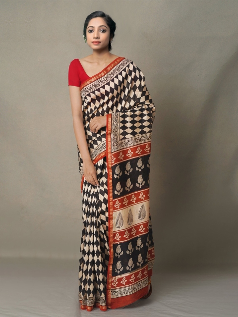 

Unnati Silks Beige & Black Silk Cotton Chanderi Saree