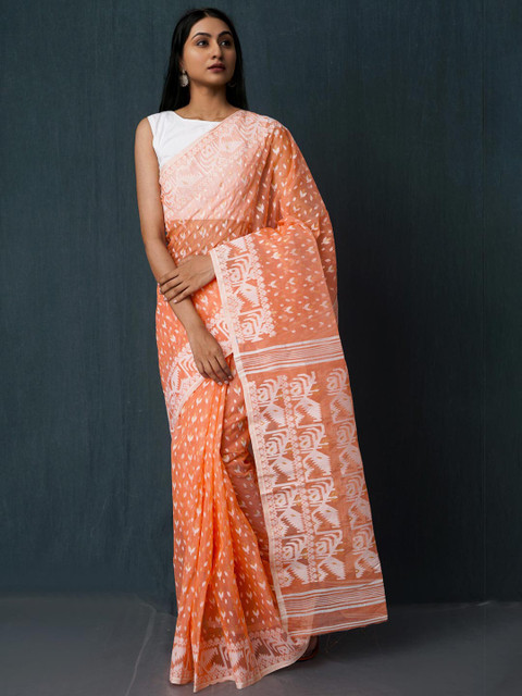 

Unnati Silks Orange & White Woven Design Pure Cotton Jamdani Saree