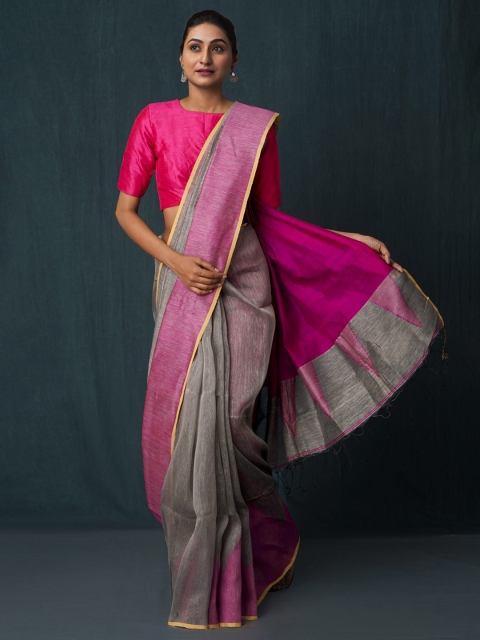 

Unnati Silks Grey & Pink Silk Cotton Jamdani Saree