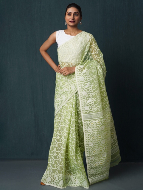 

Unnati Silks Green & White Floral Silk Cotton Jamdani Saree