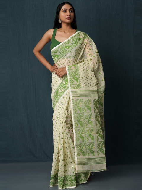 

Unnati Silks Cream-Coloured & Green Pure Cotton Jamdani Saree