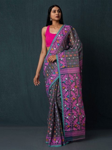 

Unnati Silks Grey & Pink Pure Cotton Jamdani Saree