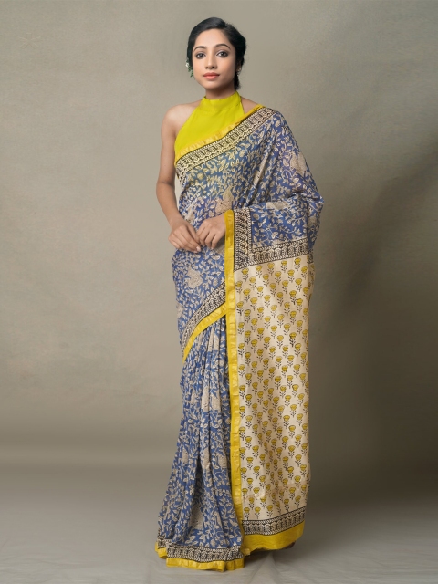 

Unnati Silks Navy Blue & Gold-Toned Ethnic Motifs Zari Silk Cotton Chanderi Saree