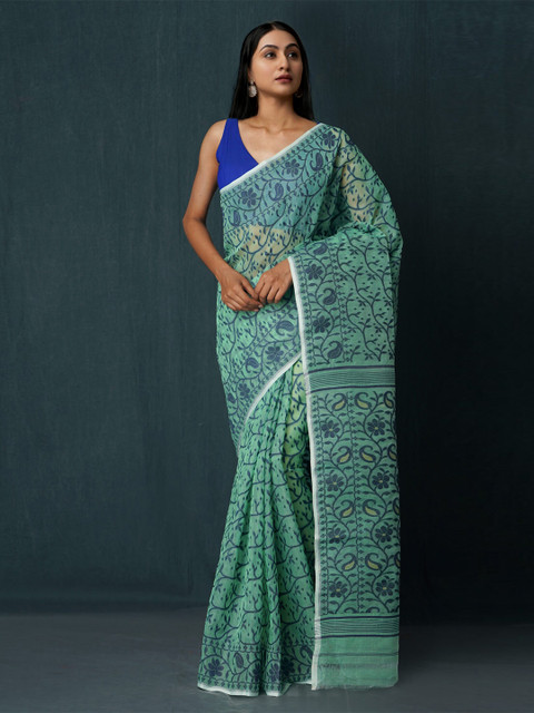 

Unnati Silks Green & Blue Woven Design Silk Cotton Jamdani Saree