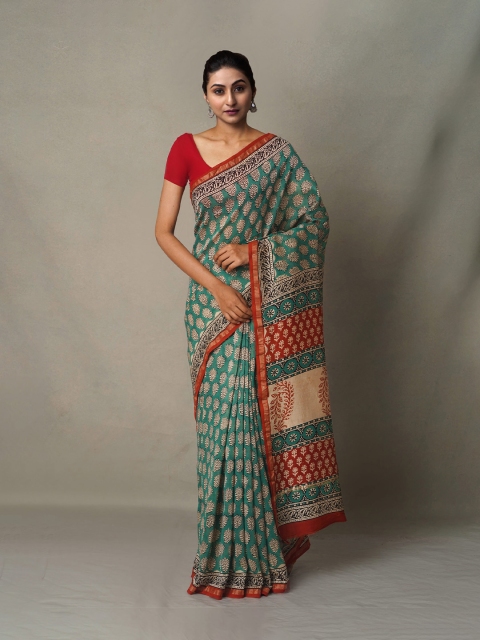 

Unnati Silks Green & Red Ethnic Motifs Silk Cotton Chanderi Saree