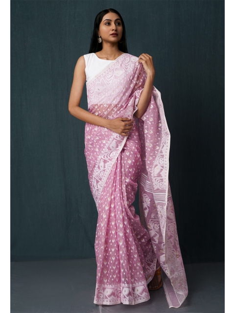 

Unnati Silks Pink & White Woven Design Pure Cotton Jamdani Saree