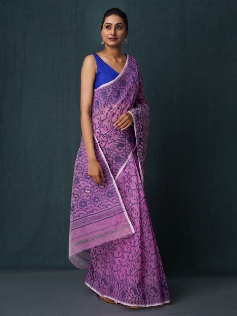 

Unnati Silks Pink & Blue Woven Design Silk Cotton Jamdani Saree