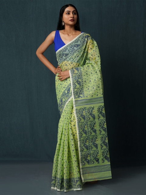 

Unnati Silks Green & Grey Pure Cotton Jamdani Saree