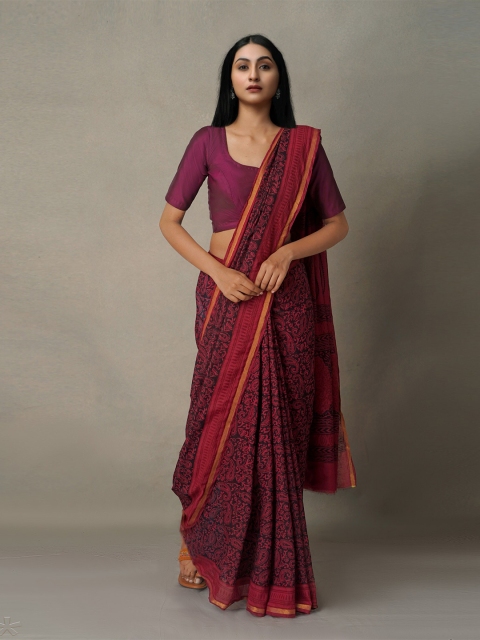 

Unnati Silks Black & Purple Ethnic Motifs Zari Chanderi Saree