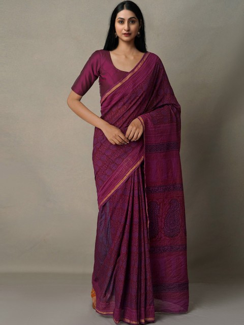 

Unnati Silks Maroon & Gold-Toned Bagh Printed Chanderi Saree