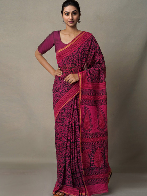 

Unnati Silks Black & Pink Bagh Printed Chanderi Saree