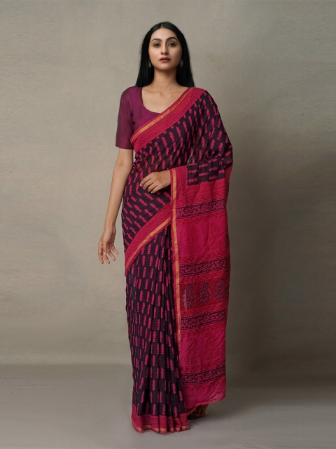 

Unnati Silks Black & Pink Floral Chanderi Saree