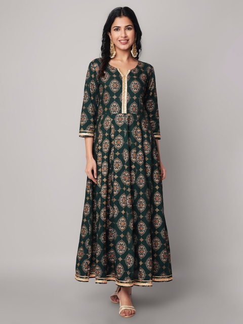 

God Bless Green Women Ethnic Motifs A-Line Dress