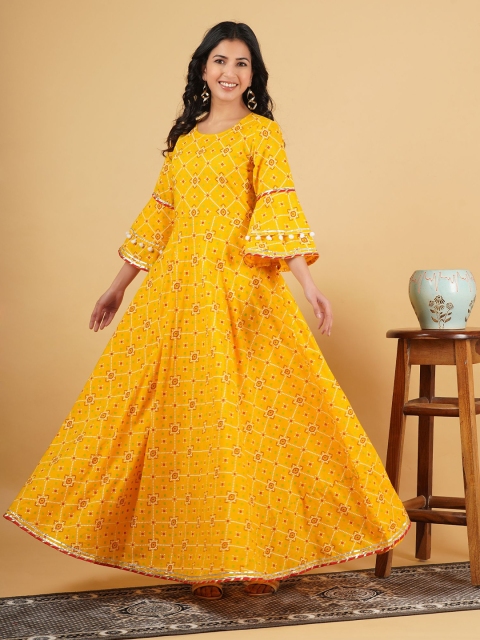 

God Bless Yellow & Red Bandhani Printed Flared Dress With Bell Sleeves