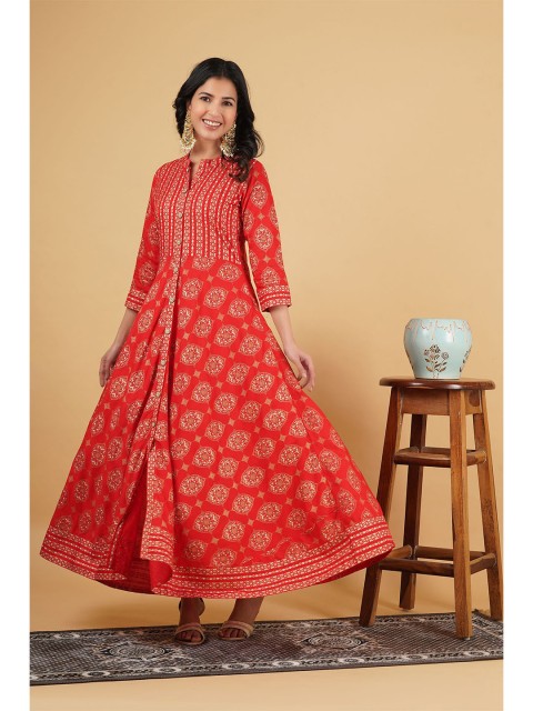 

God Bless Red Ethnic Motifs Ethnic Maxi Dress
