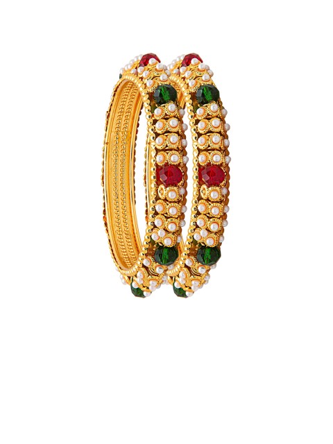 

Shining Jewel - By Shivansh Set Of 2 Gold-Plated Red & Green Beaded Bangles