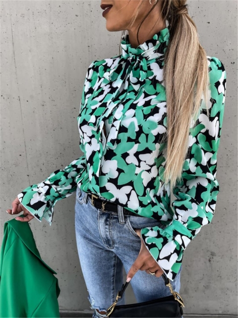 

BoStreet Green & White Floral Print Tie-Up Neck Top