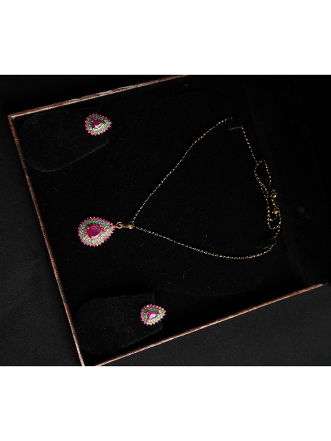 

NASTEE Rhodium-Plated Red & Green CZ Stones-Studded Pendant Set