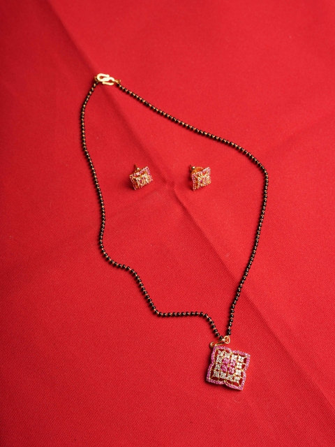 

NASTEE Rhodium-Plated White & Red CZ Stone-Studded Pendant Set
