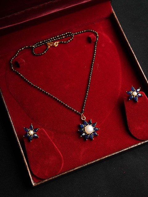 

NASTEE Rhodium-Plated White & Blue CZ Stone-Studded Pendant Set