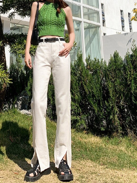 

BoStreet Women White Wide Leg Highly Distressed Jeans