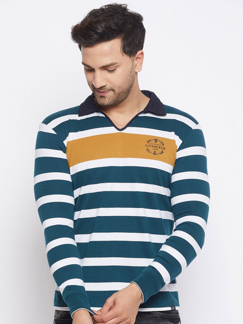 

HARBORNBAY Men Blue Striped Polo Collar T-shirt