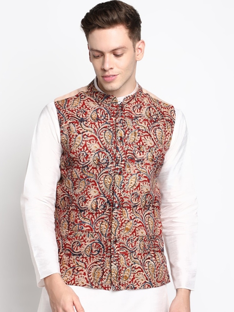 

DEVOILER Men Beige Block Print Pure Cotton Nehru Jacket