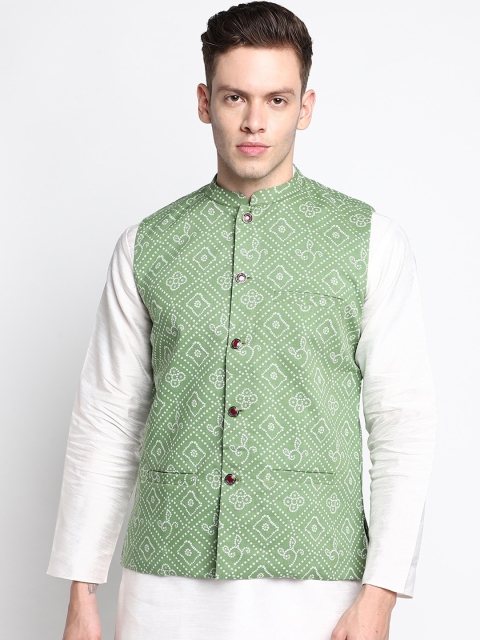

DEVOILER Men Lime Green Printed Pure Cotton Nehru jacket