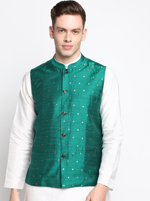 

DEVOILER Men's Teal Green Printed Woven Nehru Jackets