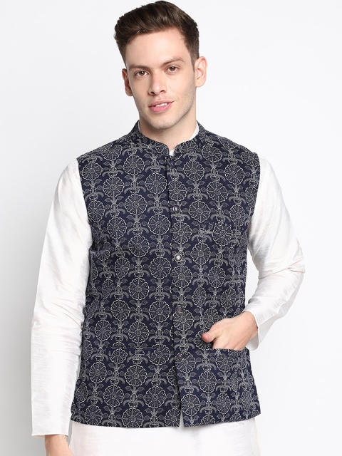 

DEVOILER Men Navy Blue & White Printed Woven Pure Cotton Nehru Jackets