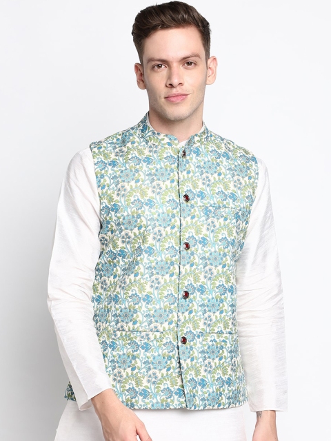 

DEVOILER Men Turquoise Blue Printed Pure Cotton Nehru jacket