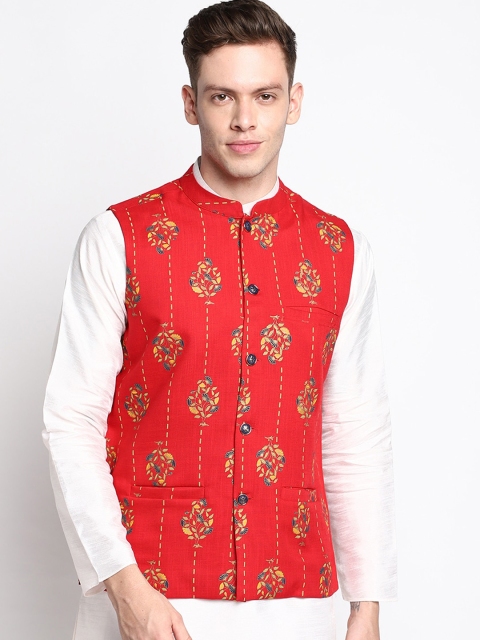 

DEVOILER Men Red & Green Printed Pure Cotton Woven Nehru Jacket