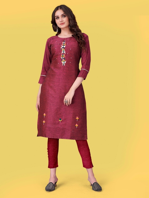 

Fashion FRICKS Women's Maroon Floral Embroidered Thread Work Kurti