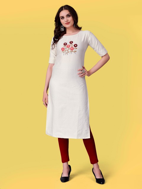 

Fashion FRICKS Women's White & Red Floral Embroidered Kurta