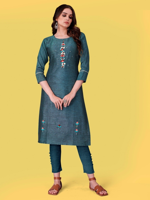 

Fashion FRICKS Women Green Floral Embroidered Thread Work Kurta