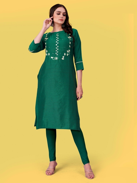 

Fashion FRICKS Women Green Ethnic Motifs Yoke Design Mirror Work Kurta