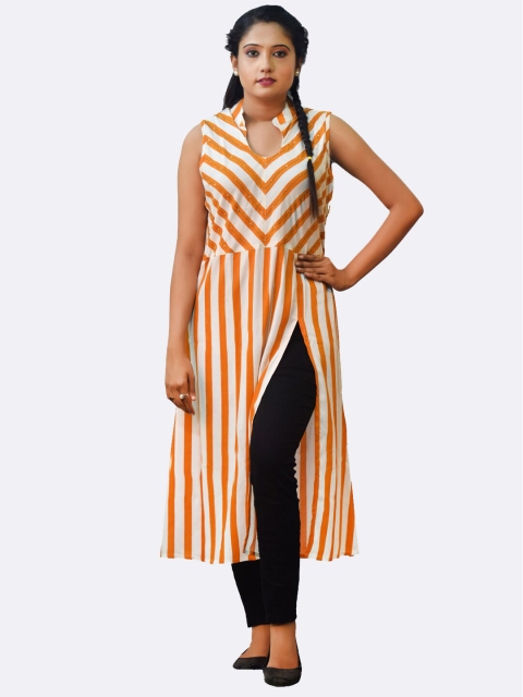 

GREEN DRAGONFLY Women Mustard Yellow & White Striped Kurta