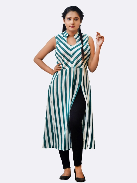 

GREEN DRAGONFLY Women Green & White Printed Straight Kurta