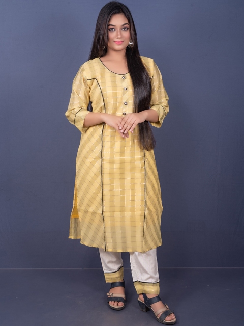 

GREEN DRAGONFLY Women Yellow Embroidered Layered Kurti with Skirt