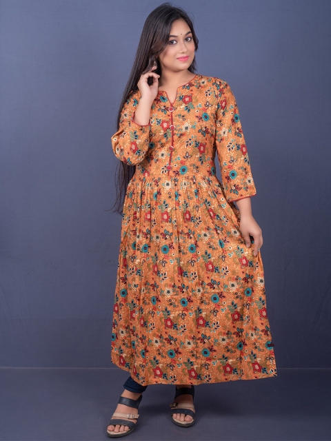 

GREEN DRAGONFLY Women Orange & Blue Floral Printed Anarkali Kurta