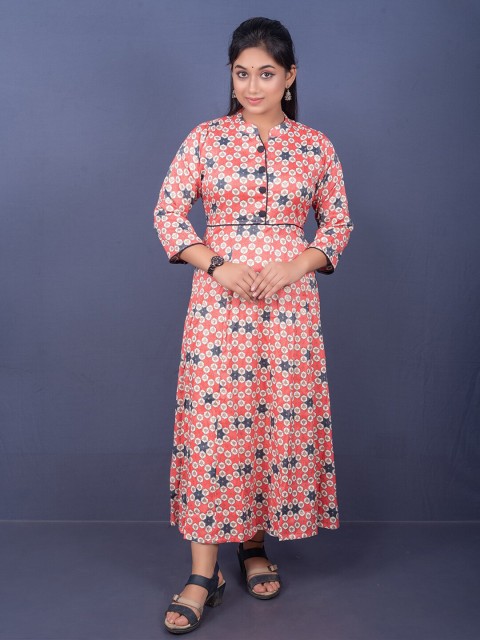 

GREEN DRAGONFLY Women Orange & Blue Geometric Printed Anarkali Kurta
