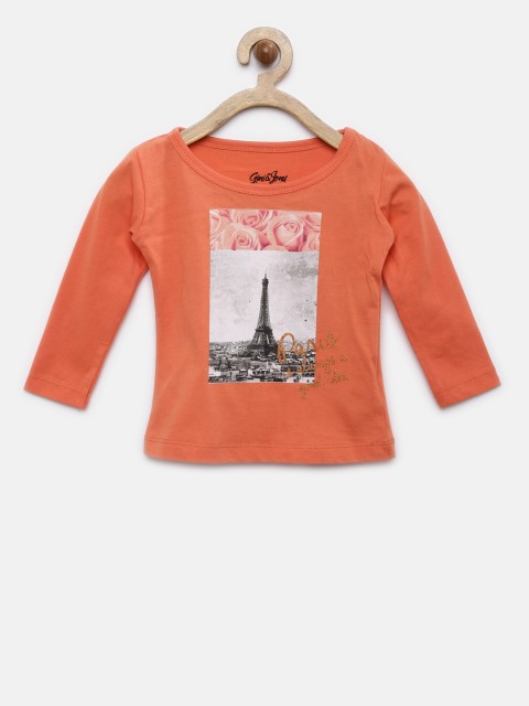 

Gini and Jony Girls Coral Orange Printed T-shirt