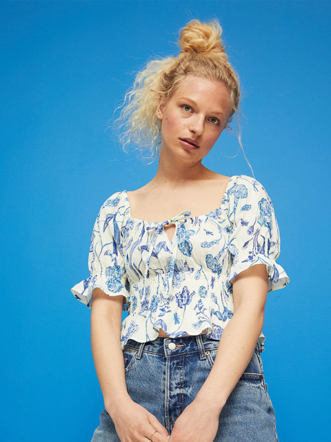 

H&M White & Blue Floral Print Peplum 100% Cotton Crop Top