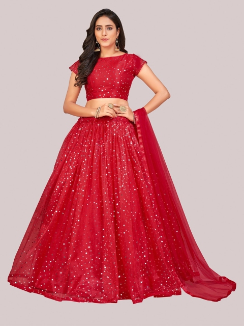 

Atsevam Women Red & White Embroidered Mirror Work Semi-Stitched Lehenga & Unstitched Blouse With Dupatta
