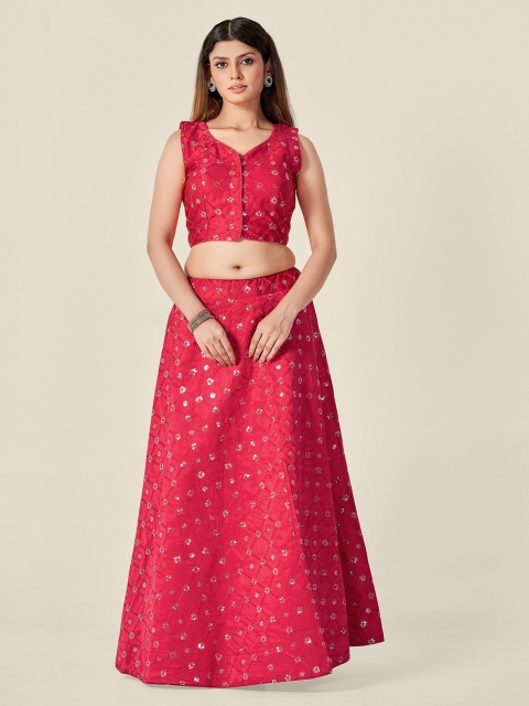 

HIMRISE Pink Color Ultra Silk Satin Zari Work Floral Embroidered Lehnga Choli Set, Red