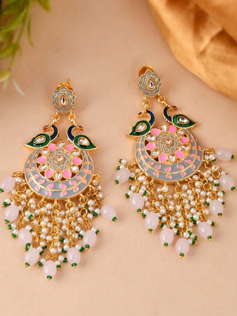 

DASTOOR Pink & Grey Gold-Plated Contemporary Chandbalis Earrings